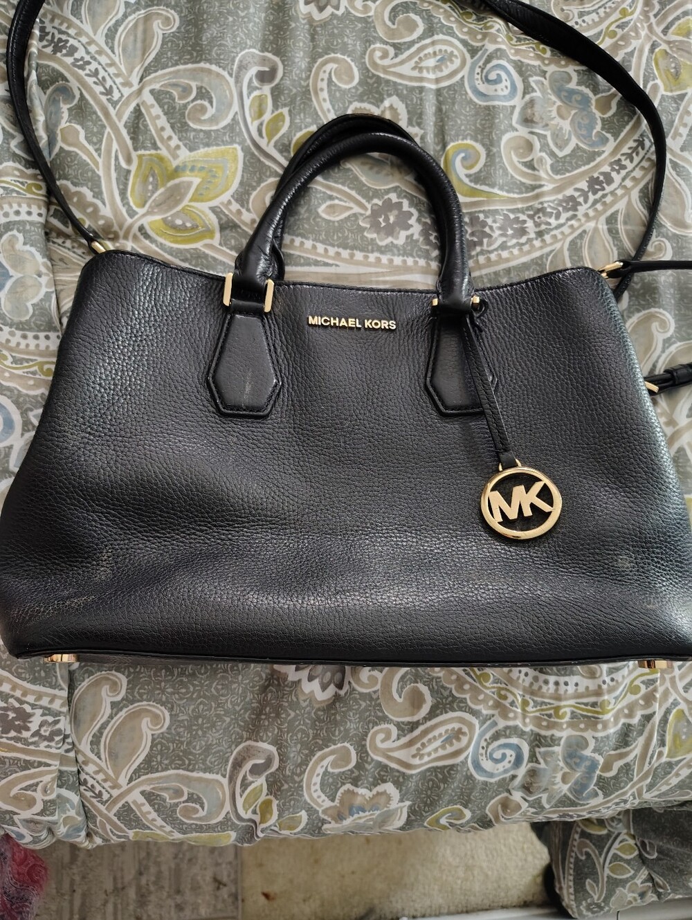 Michael Kors Black Pebbled Leather Satchel with Gold MK Charm